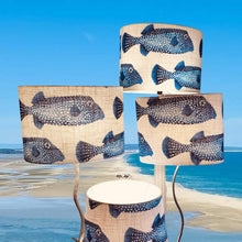 Charger l'image dans la galerie, Abat-jours ovales et tambour, tissu lin à motifs de poissons coffre, contrecollé.