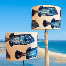 Charger l'image dans la galerie, Abat-jours ovales et tambour, tissu lin à motifs de poissons coffre, contrecollé.