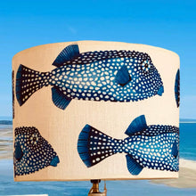 Charger l'image dans la galerie, Abat-jours ovales et tambour, tissu lin à motifs de poissons coffre, contrecollé.