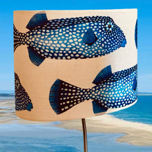 Charger l'image dans la galerie, Abat-jours ovales et tambour, tissu lin à motifs de poissons coffre, contrecollé.