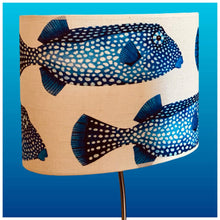 Charger l'image dans la galerie, Abat-jours ovales et tambour, tissu lin à motifs de poissons coffre, contrecollé.