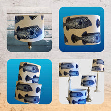 Charger l'image dans la galerie, Abat-jours ovales et tambour, tissu lin à motifs de poissons coffre, contrecollé.