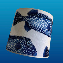 Charger l'image dans la galerie, Abat-jours ovales et tambour, tissu lin à motifs de poissons coffre, contrecollé.