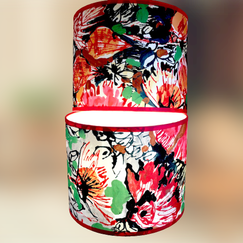 Abatjour cylindre 25 cms. Tissu Bouquet de Lallie Design. Paire
